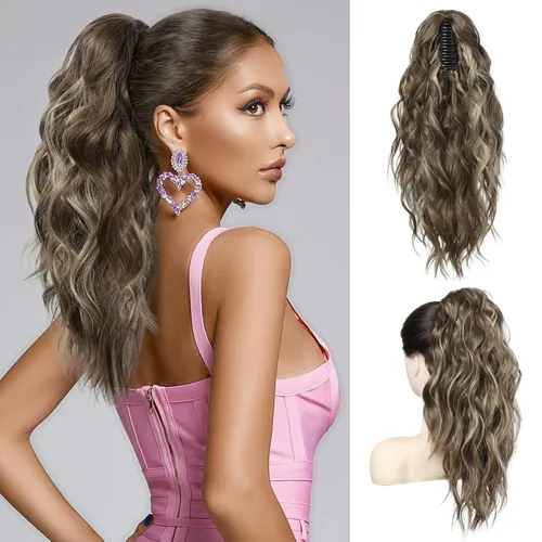Vista 25 de FLUFYMOOZ Extensión de cola de caballo, extensión de cola de caballo con clip de garra de 18 pulgadas, extensiones de cabello ondulado y rizado