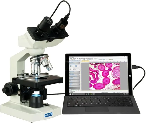 Vista 3 de OMAX Cámara USB con microscopio binocular digital LED 40-2500X + diapositivas en blanco + cubiertas + papel de lente