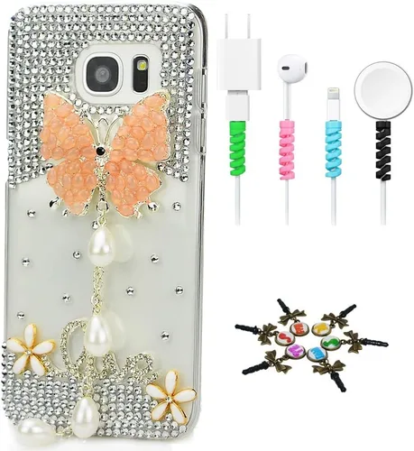 Vista 7 de Sparkle Funda compatible con Samsung Galaxy J2 Prime – Elegante funda con diseño de lazo 3D hecha a mano con protector de cable [4 unidades] – Rosa