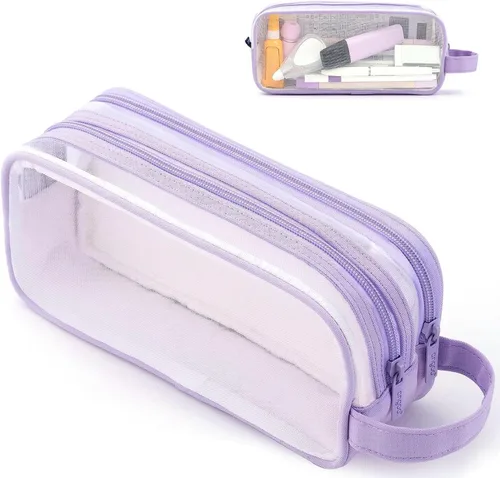 Vista 5 de Estuche grande de malla de malla con 2 compartimentos, bolsa transparente para lápices con cremallera, bolsa de papelería transparente multifunción