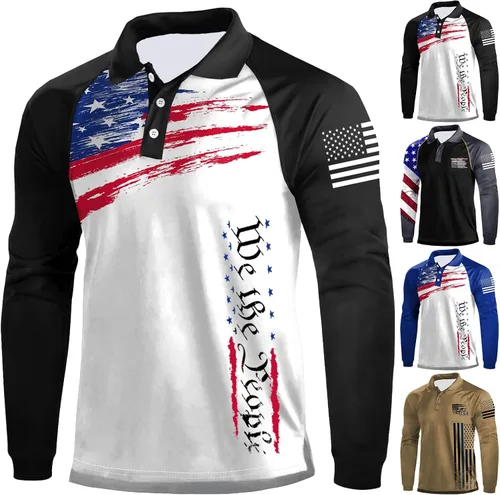 Vista 2 de Camisa polo de manga larga con bandera estadounidense para hombre, cuello gráfico patriótico, camiseta de golf, moderna, casual, cuello en V, tops