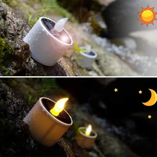Vista 5 de 8 velas solares impermeables con sensor de atardecer a amanecer, velas LED parpadeantes recargables para exteriores, velas de té reutilizables sin