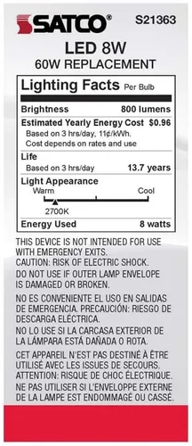 Vista 7 de Satco S21363 8ST19/CL/LED/927/E26-Paquete de 6