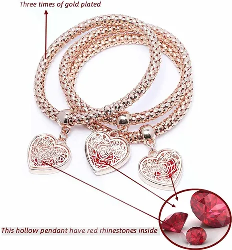 Vista 2 de SILANER Pulseras multicapa con dijes de cristal, 3 pulseras de cadena de maíz de oroplataoro rosa para mujer, pulsera elástica en forma de corazón