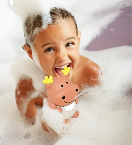 Vista 6 de DolliBu Moose Bath Buddy Squirter - Juguete de baño de goma de alce flotante, divertido juego de baño para niños pequeños, lindo y suave juguete