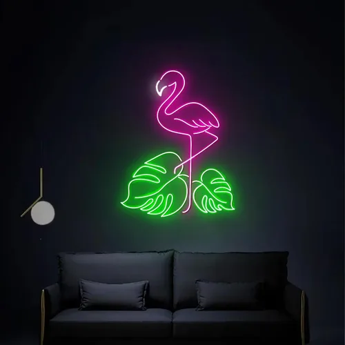 Vista 10 de Letrero de neón con diseño de flamenco y puesta de sol de 16 pulgadas para decoración de pared, flamenco rosa para fiesta, hogar, vacaciones, bar