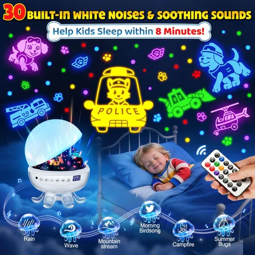 Vista 3 de Proyector para cachorros de juguetes para niños, 30 sonidos relajantes+máquina de sonido de 4 diapositivas, proyector de luz nocturna para bebé, 93