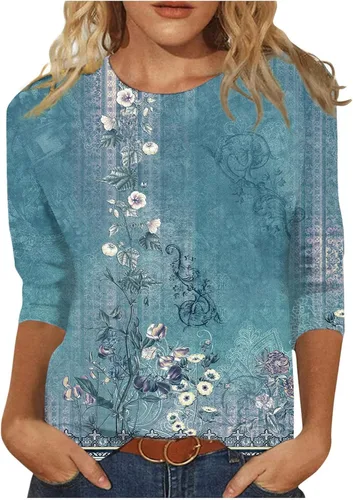Vista 8 de Blouses for Women 2025 Three Quarter Sleeve Round Neck T Shirt Hawaiian Printing Trendy Fashion Beach Tops