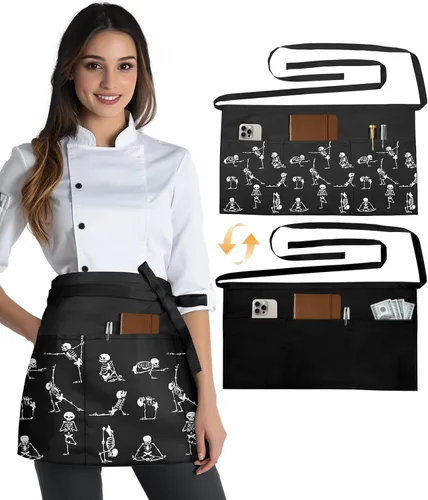 Vista 9 de Slohif Delantal Reversible de Servidor con 6 Bolsillos - Delantal de Cintura para Camarera Mujeres Delantal Corto de Media Porción Camarero