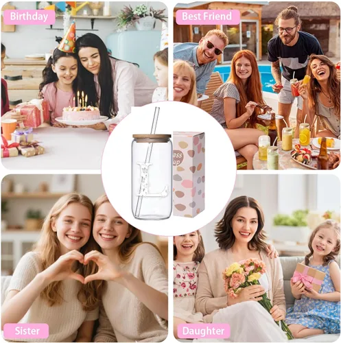 Vista 5 de Regalos personalizados para mujeres, tazas de vidrio con monograma con tapas y pajitas, regalos personalizados para mujeres, vasos de café helado