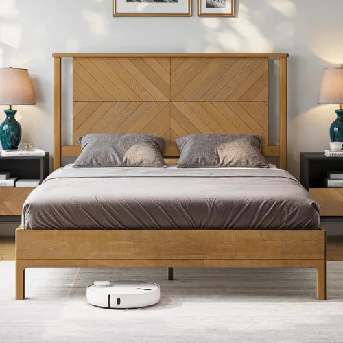 Vista 17 de Estructura de cama Queen en forma de trapecio de Bme – Cama moderna de madera maciza con cabecero de patrón suave, patas de metal negro, acabado