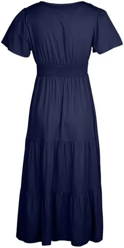 Vista 5 de Vestidos de regreso a casa para mujer, con botones sólidos, cuello en V, longitud de la cintura, vestido casual de verano, vestido grueso, S-XL