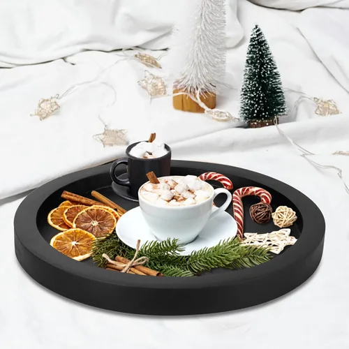 Vista 5 de Bandeja decorativa redonda para mesa de café, mesa de comedor, encimera, pequeñas bandejas de servir de madera, decoración de cocina de granja
