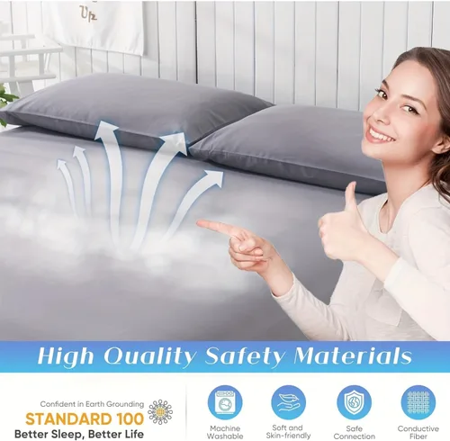 Vista 4 de Grounding Sheets, 95% algodón orgánico + 5% fibra plateada, sábana bajera ajustable conectada a tierra con cordón de conexión a tierra