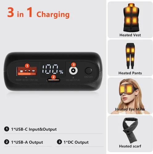 Vista 7 de Batería de chaleco térmico de 7.4 V 16000 mAh compatible con ORORO, para TODWARM, para Weamest, batería recargable de 7.4 V/5 V, salida