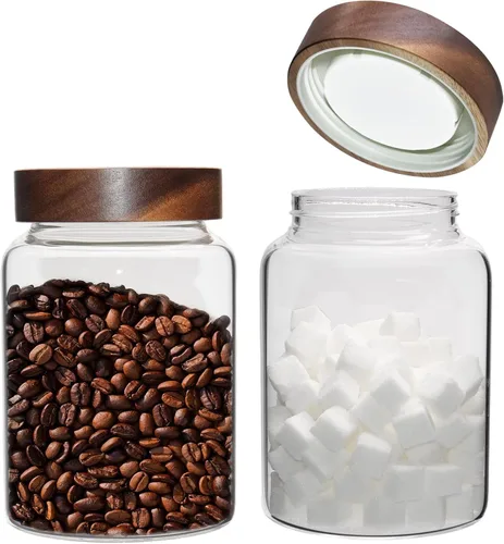 Vista 14 de Tarro de vidrio de 40 onzas con tapa de rosca de madera, recipiente hermético de 40.6 fl oz, recipiente de azúcar transparente para almacenamiento