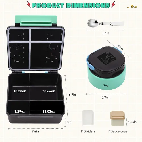 Vista 6 de Caja Bento Game para niños, lonchera con termo (tarro de comida de 9 onzas), cuchara plegable, divisor extraíble y taza de salsa, lonchera infantil