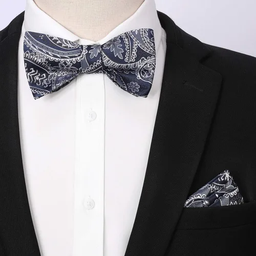 Vista 49 de HISDERN Pajaritas para hombre, corbatín de cachemira para hombre, corbata de lazo y bolsillo cuadrado, juego formal de esmoquin para boda