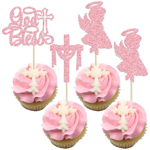Vista 12 de Gyufise 24 piezas de decoración de pastel de Dios bendiga y decoración de bautizo para cupcakes, cruces de Dios bendiga, adornos de cupcake