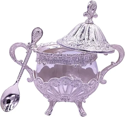 Vista 8 de Hourwof Azucarero con tapa y cuchara para cocina, cafetería, fiesta de boda, recipiente de metal y vidrio para azúcar y azúcar en polvo, contenedor