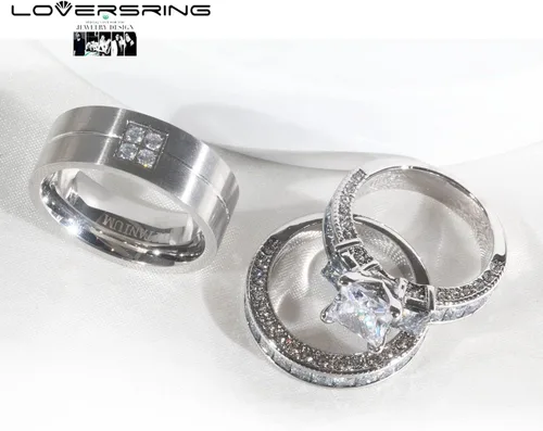 Vista 4 de LOVERSRING Juego de anillos de boda de acero inoxidable con circonita cúbica chapada en oro blanco