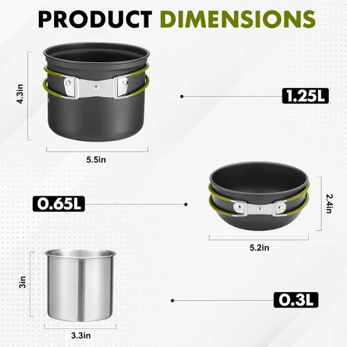 Vista 2 de Kit de utensilios de cocina para campamento, mochileros, ollas de 0.33 galones y sartenes de 0.17 galones, taza SUS304 de 0.08 galones, tenedores