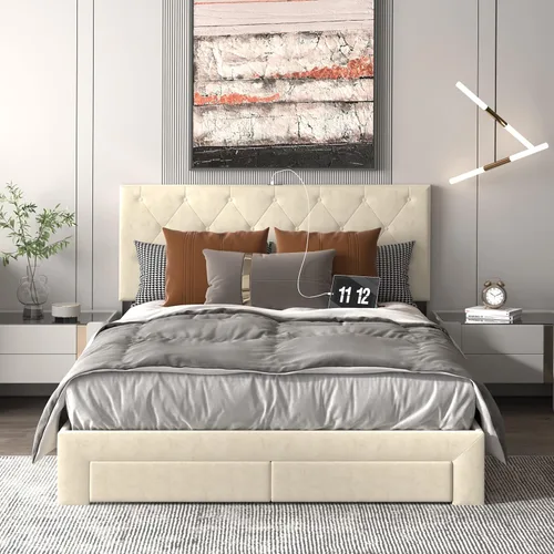 Vista 3 de NSdirect Base de cama tamaño Queen con cajón de almacenamiento, base de cama tapizada de terciopelo con 2 cajones de almacenamiento y estación