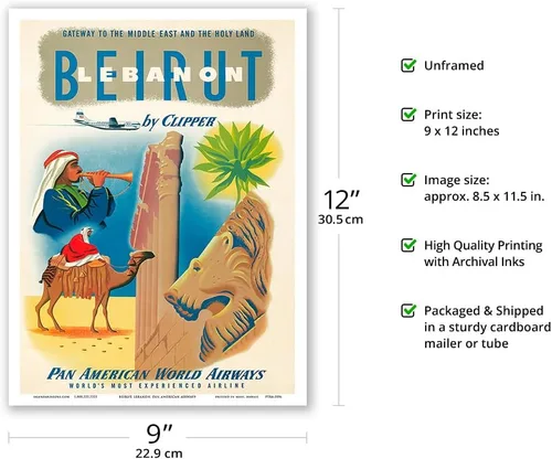 Vista 2 de Beirut Lebanon by Clipper - Pan American World Airways - Puerta de enlace al Medio Oriente - Póster vintage de viaje de aerolínea c.1951 - Impresión