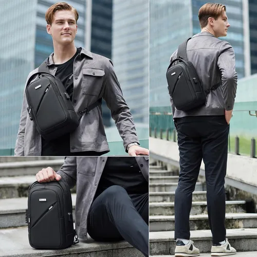 Vista 13 de DUSLANG Mochila de hombro para senderismo, bolsa cruzada para hombres, bolsas de pecho con puerto de cargador USB para campamento casual, ciclismo