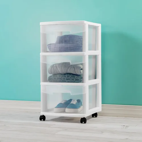 Vista 2 de Sterilite Paquete de 2 organizadores de almacenamiento de plástico, carrito con 3 cajones, organizador de armario, color blanco