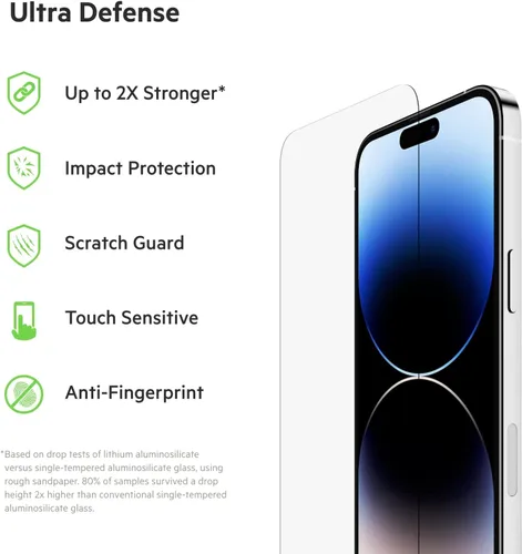 Vista 2 de Belkin UltraGlass - Protector de pantalla para iPhone 14 Pro Max, fácil aplicación con bandeja guía de instalación, protector de pantalla de vidrio