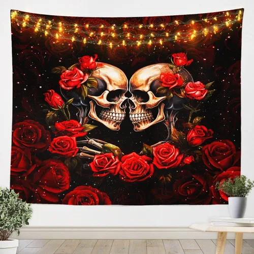 Vista 15 de Tapiz femenino de flores de rosas rojas, tapiz de pared para el día de San Valentín, decoración de habitación de niñas y mujeres, cielo estrellado