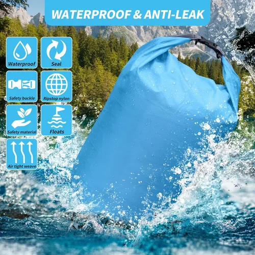 Vista 5 de Juego de bolsas secas, impermeables, pequeñas y ligeras, para tabla de remo, kayak, pesca, campamento (azul, 2 L + 5 + 10 L)