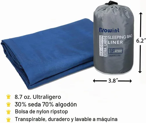 Vista 5 de Browint Sábana de viaje de seda/algodón con cremalleras dobles, saco de dormir extra ancho de 87 x 43 pulgadas para hoteles, forro de saco de dormir