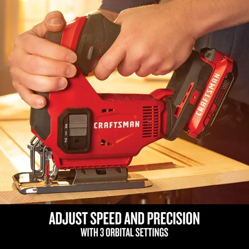 Vista 4 de CRAFTSMAN Kit de sierra caladora inalámbrica V20, 3 ajustes orbitales, hasta 2,500 SPM, batería y cargador incluidos (CMCS600D1)