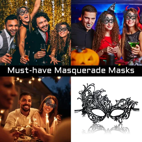 Vista 6 de Máscara de encaje para mujer, máscaras venecianas para fiesta de máscaras, fiesta de disfraces, Halloween, carnaval, apta para adultos, suave y negro