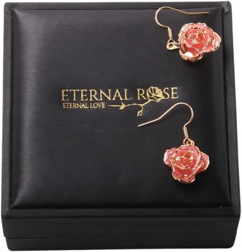 Vista 7 de Eternal Rose Pendientes colgantes de oro de 24 quilates con flor de rosa real para mujer