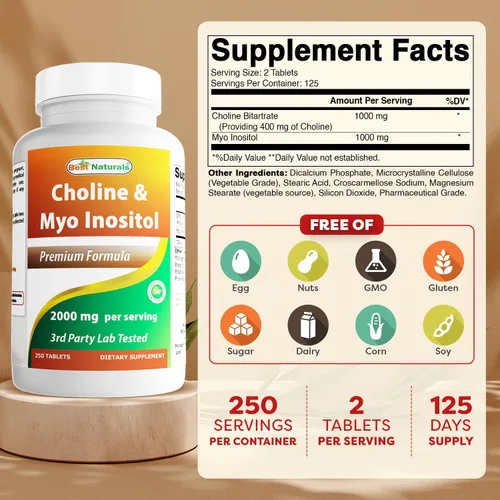 Vista 2 de Best Naturals Colina inositol (Myo Inositol) 2000 mg por porción 250 comprimidos - Sin OMG, sin gluten, fabricado en los Estados Unidos
