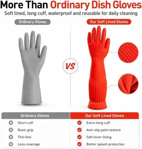 Vista 5 de ThxToms Guantes de goma para limpieza de platos (2 pares), forro polar suave, reutilizables, impermeables, con puño extra largo y agarre