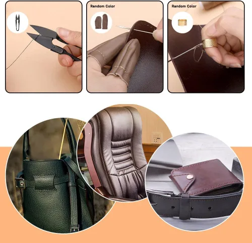 Vista 6 de Kit de costura de reparación de tapicería, kit de costura de cuero resistente, kit de trabajo de cuero con 8 hilos de tapicería, agujas de tapicería