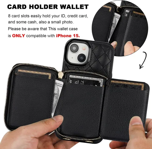 Vista 4 de Bocasal Funda tipo cartera con bandolera para iPhone 15, de cuero PU con bloqueo RFID, con cierre de cremallera, cartera tipo bolso con función
