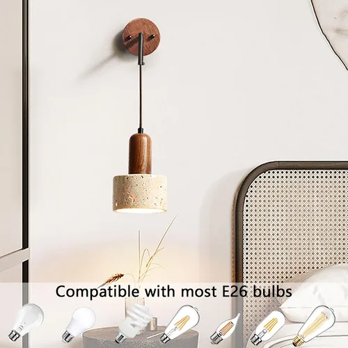 Vista 6 de Juego de 2 lámparas de pared de piedra de altura ajustable, aplique de pared de travertino E26, lámpara de pared para dormitorio, sala de estar