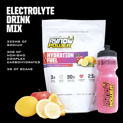 Vista 3 de Ryno Power Hydration Fuel - Mezcla de bebida con electrolitos de 2 libras (20 porciones) 'Fruit Punch' - Fórmula avanzada de electrolitos + BCAA