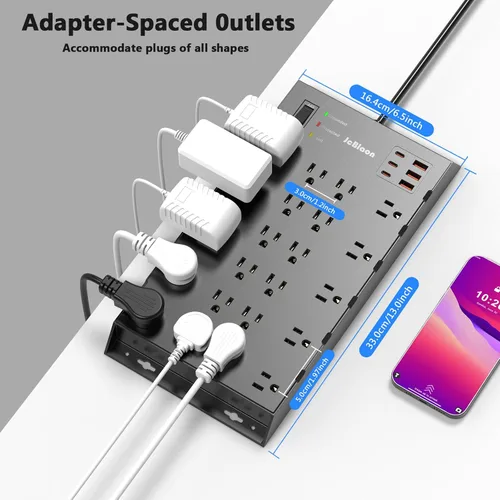 Vista 4 de JcBlaon - 22 salidas y 6 USB Big Power Strip, protector de sobretensiones con 3USB C y 3USB A puertos de carga, cable de extensión de enchufe plano
