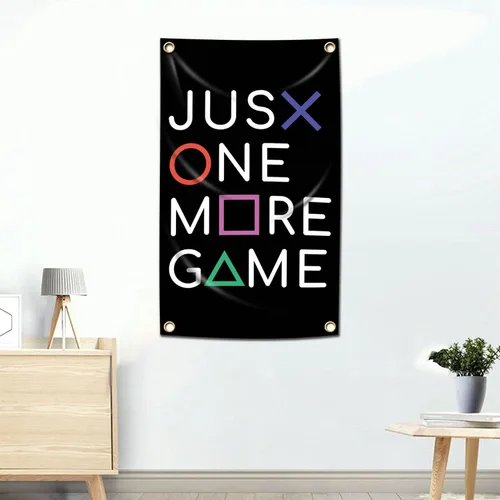 Vista 2 de Tapiz JUST ONE MORE GAME Banner Bandera Gaming Tapiz de Pared Videojuegos Decoración del Hogar 3x5 ft Arte Colgante Dormitorio Póster Decoración