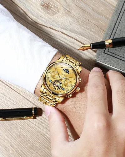 Vista 6 de OLEVS Relojes automáticos para hombre diseño de esqueleto Tourbillon cuerda automática reloj de pulsera de lujo fase lunar fecha impermeable