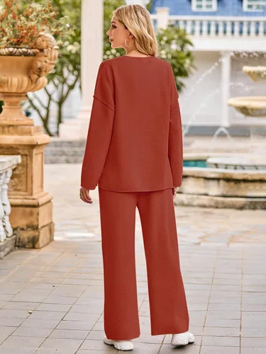 Vista 3 de MEROKEETY Conjunto de 2 piezas para mujer, de manga larga, con botones, suéter y pantalones, conjuntos de descanso