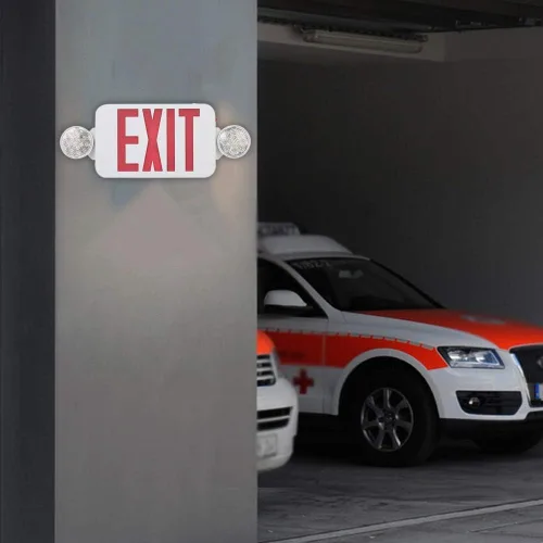 Vista 7 de Señales de salida de emergencia LED rojas, dos cabezas ajustables, CA 120V/277V, carta de salida de doble cara, luces de señal de salida compactas