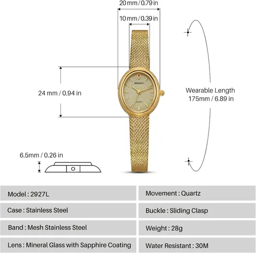 Vista 6 de BERNY Relojes de oro vintage para mujer, elegante reloj de pulsera ovalado para mujer, relojes analógicos de cuarzo para mujer, 3ATM resistente al