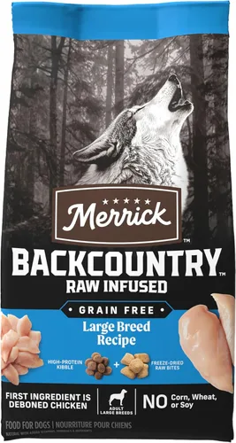 Vista 2 de Merrick Backcountry - Alimento seco para perros adultos sin granos, croquetas con trozos crudos liofilizados, receta de raza grande, bolsa de 20.0